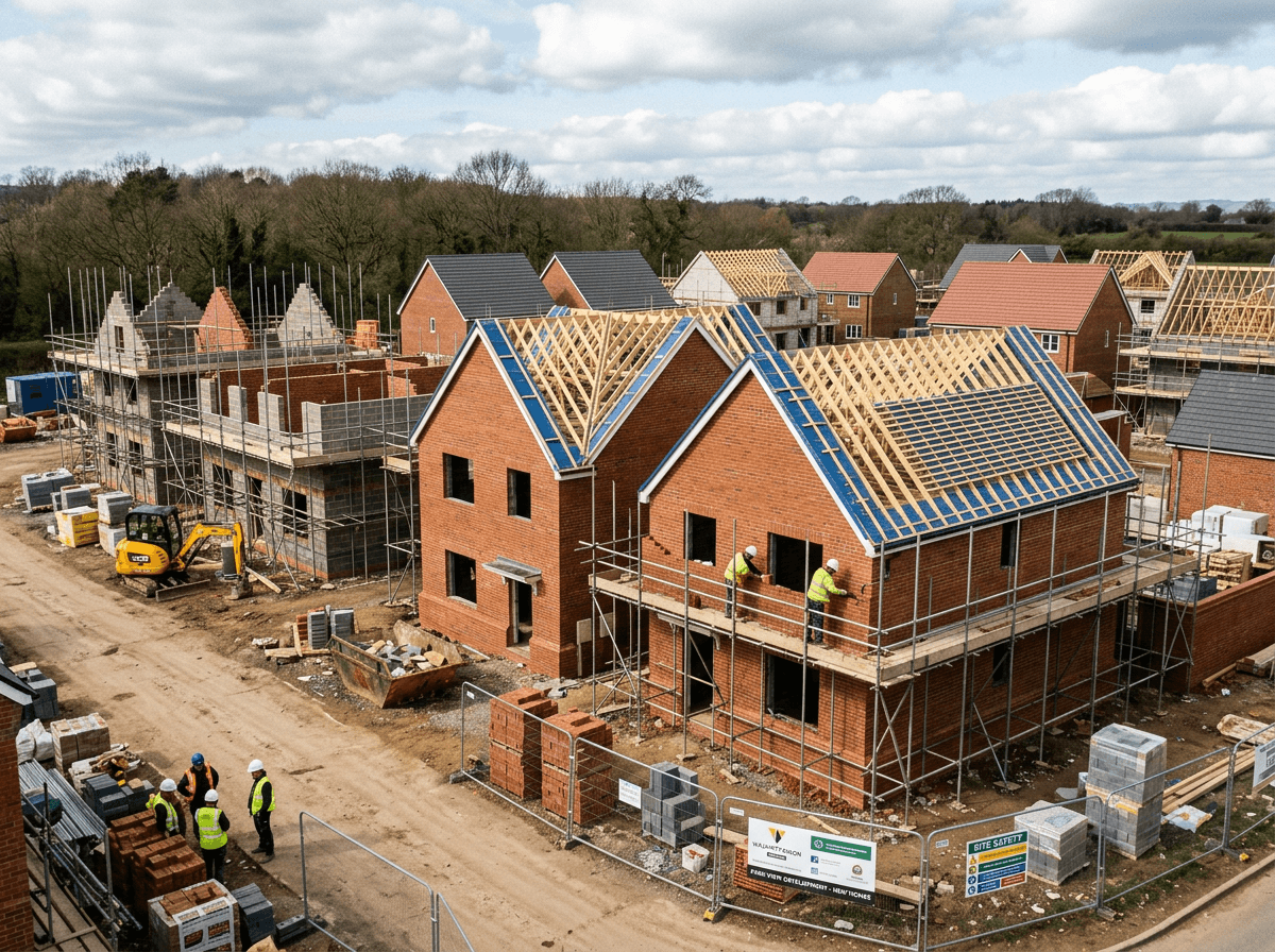 New-build residential development plot with brick-and-block shell rising