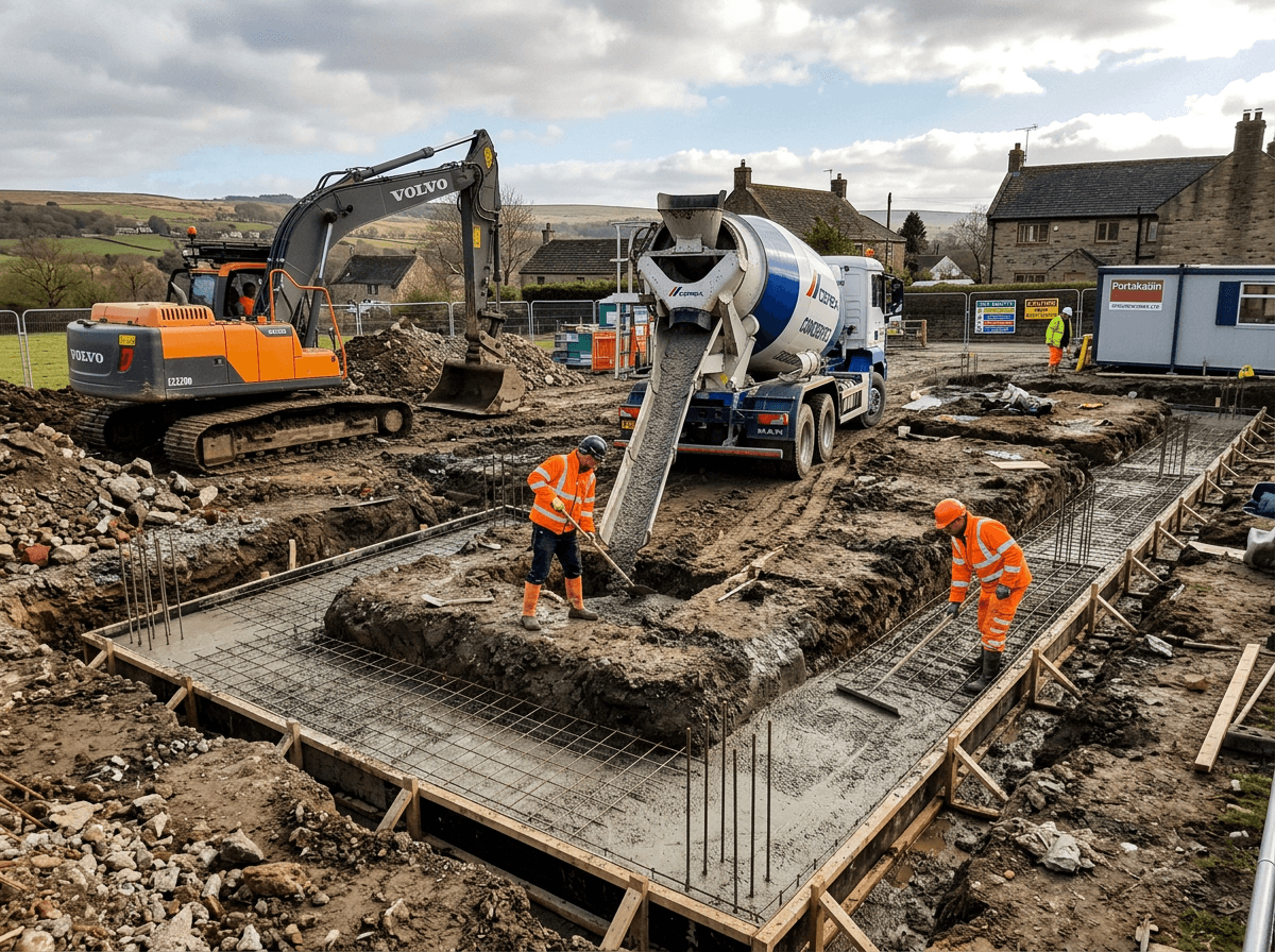 Groundwork site showing concrete footings and foundations poured