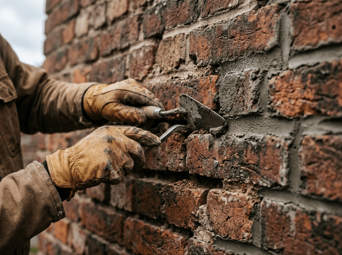 Close-up of hands repointing and raking mortar joints on brickwork
