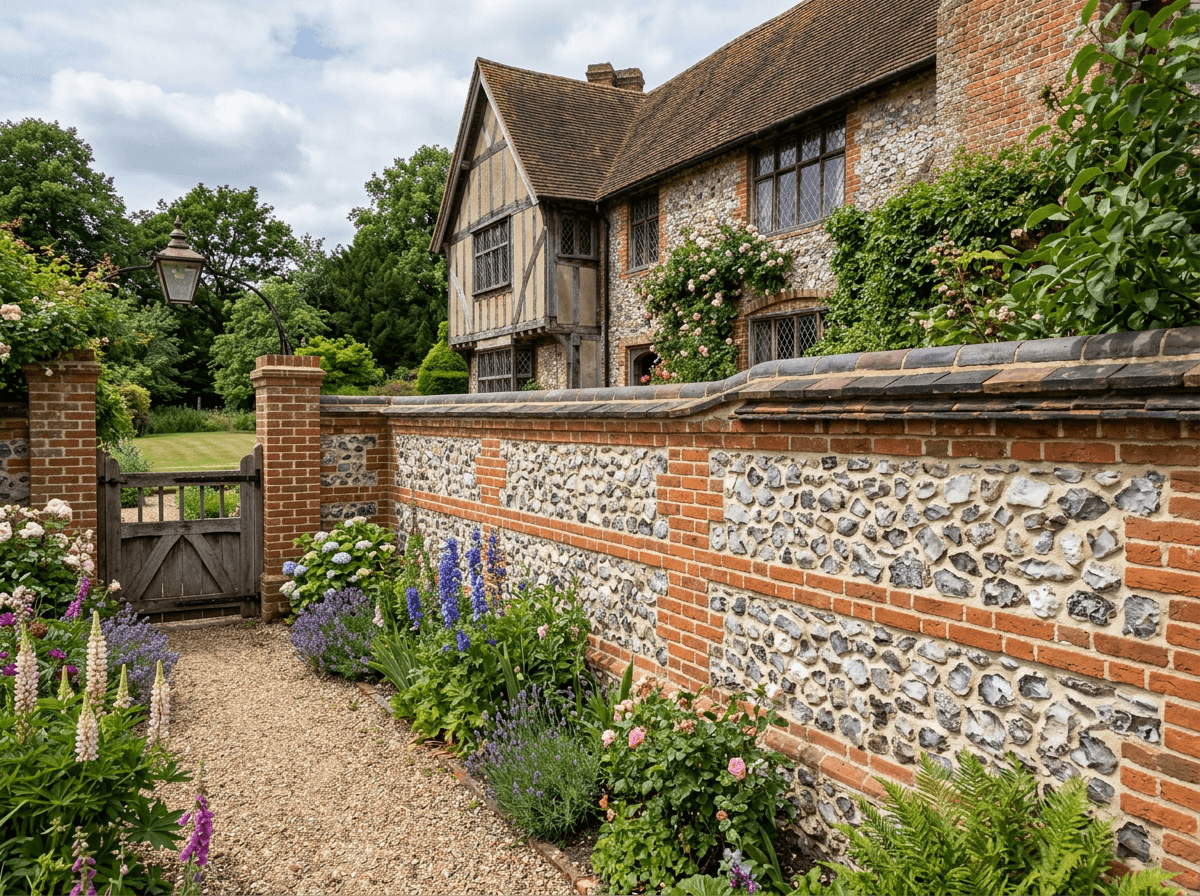 Finished brick-and-flint East Anglian style wall suited to the Suffolk vernacular