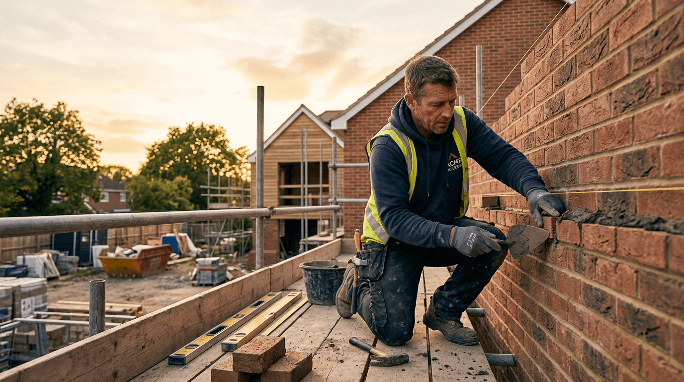 Bricklayer laying a new brick course on a residential build in Suffolk